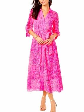 Lilly Pulitzer Hot Pink Eyelet Midi Shirt Dress